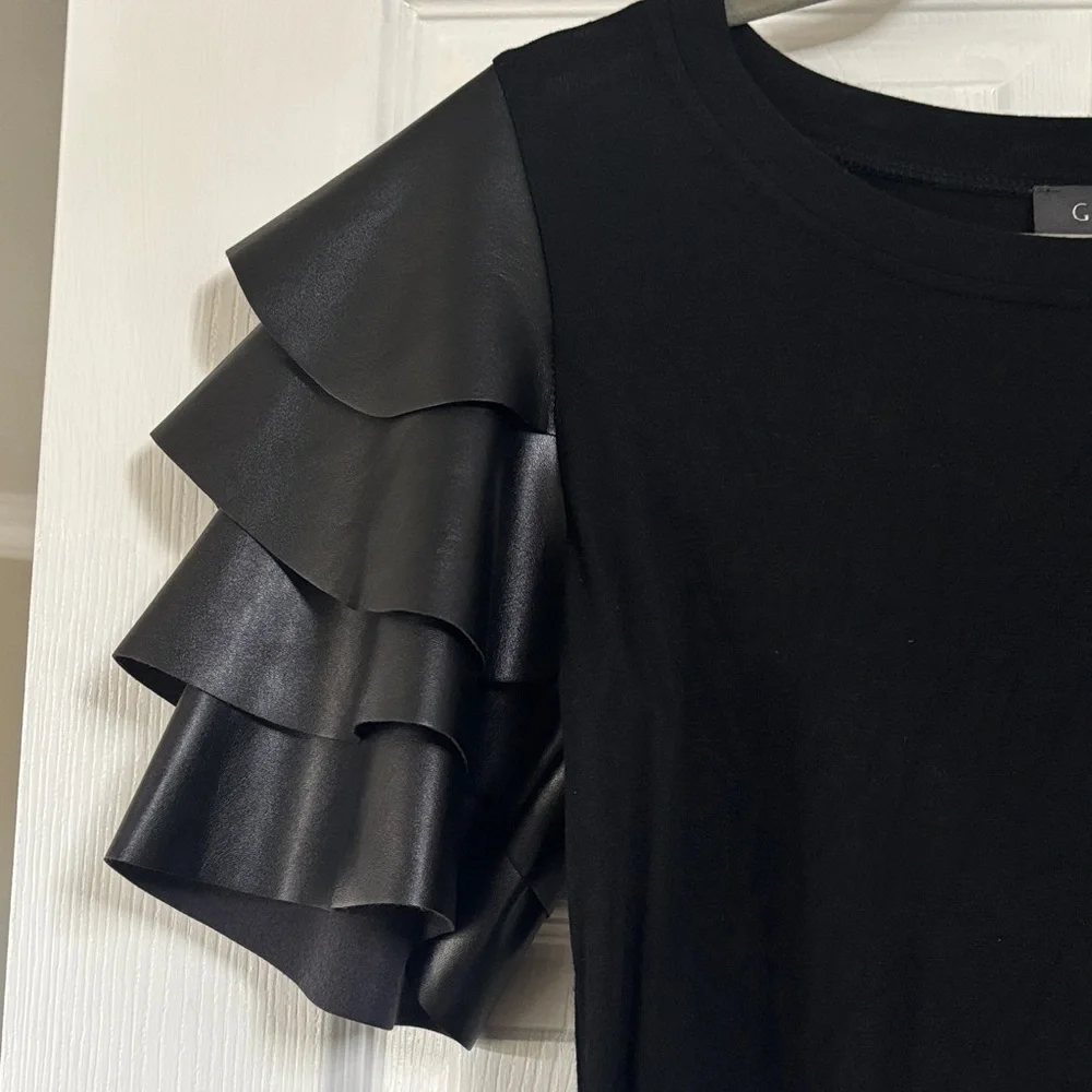 Gracia Black Blouse with Layered faux leather Sleeves - Picture 3 of 4